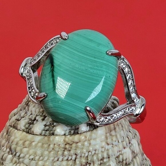 925 Sterling Silver Ring Sz 8.5 with Natural Malachite & CZ - Picture 7 of 15